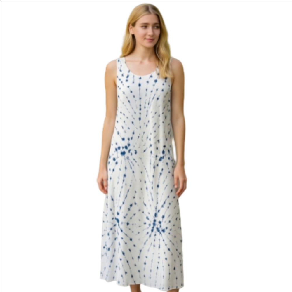 Pure J.Jill Cotton Model White Blue Tie Dye V Neck Front Pocket Maxi Dress Sz.S